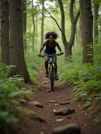 woman as individual mountain biking through a dense forest trail