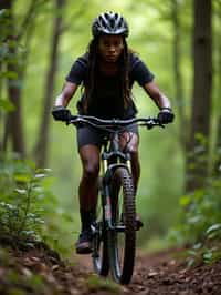 woman as individual mountain biking through a dense forest trail