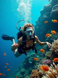 woman scuba diving in a stunning coral reef, surrounded by colorful fish