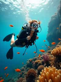 woman scuba diving in a stunning coral reef, surrounded by colorful fish