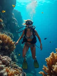 woman scuba diving in a stunning coral reef, surrounded by colorful fish