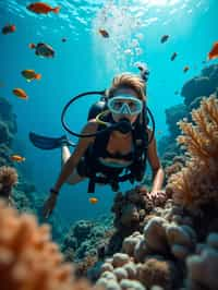 woman scuba diving in a stunning coral reef, surrounded by colorful fish