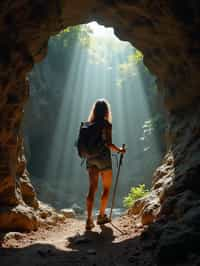 woman as individual hiking through an impressive cave system