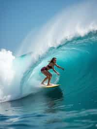 woman as individual surfing a massive wave in a clear, blue ocean