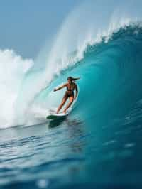 woman as individual surfing a massive wave in a clear, blue ocean