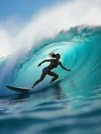 woman as individual surfing a massive wave in a clear, blue ocean