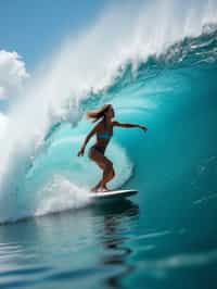 woman as individual surfing a massive wave in a clear, blue ocean