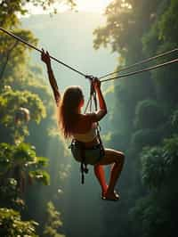 woman zip-lining through a tropical rainforest canopy