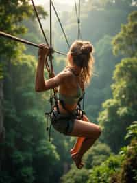 woman zip-lining through a tropical rainforest canopy