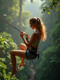 woman zip-lining through a tropical rainforest canopy