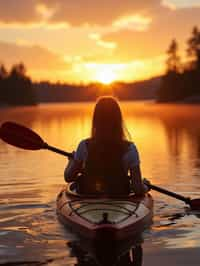 woman as explorer kayaking in a serene lake with a mesmerizing sunset backdrop