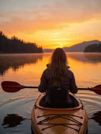 woman as explorer kayaking in a serene lake with a mesmerizing sunset backdrop