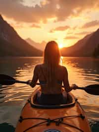 woman as explorer kayaking in a serene lake with a mesmerizing sunset backdrop