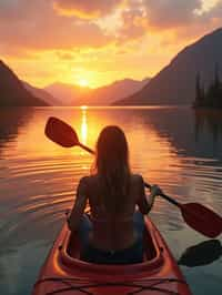 woman as explorer kayaking in a serene lake with a mesmerizing sunset backdrop