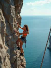 woman as adventurer rock climbing a daunting cliff with a breathtaking sea view