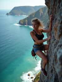 woman as adventurer rock climbing a daunting cliff with a breathtaking sea view