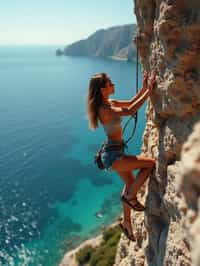 woman as adventurer rock climbing a daunting cliff with a breathtaking sea view