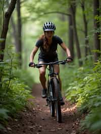 woman as individual mountain biking through a dense forest trail