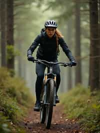 woman as individual mountain biking through a dense forest trail