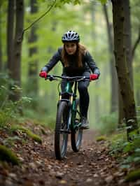 woman as individual mountain biking through a dense forest trail