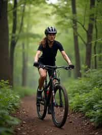 woman as individual mountain biking through a dense forest trail