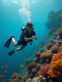 woman scuba diving in a stunning coral reef, surrounded by colorful fish