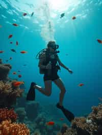 woman scuba diving in a stunning coral reef, surrounded by colorful fish