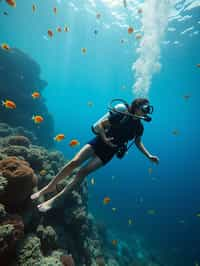 woman scuba diving in a stunning coral reef, surrounded by colorful fish