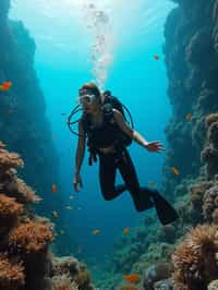 woman scuba diving in a stunning coral reef, surrounded by colorful fish