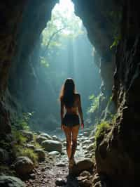 woman as individual hiking through an impressive cave system