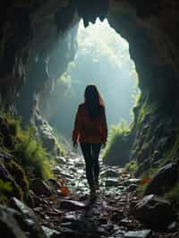 woman as individual hiking through an impressive cave system