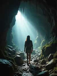 woman as individual hiking through an impressive cave system