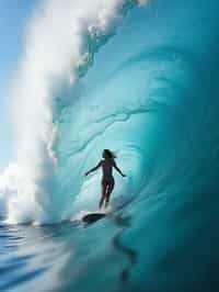 woman as individual surfing a massive wave in a clear, blue ocean