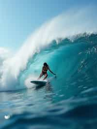 woman as individual surfing a massive wave in a clear, blue ocean