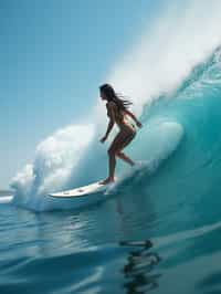 woman as individual surfing a massive wave in a clear, blue ocean