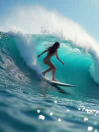 woman as individual surfing a massive wave in a clear, blue ocean