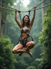 woman zip-lining through a tropical rainforest canopy