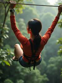 woman zip-lining through a tropical rainforest canopy