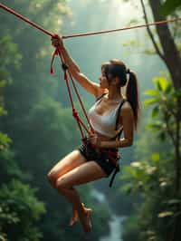 woman zip-lining through a tropical rainforest canopy