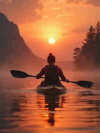 woman as explorer kayaking in a serene lake with a mesmerizing sunset backdrop