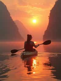 woman as explorer kayaking in a serene lake with a mesmerizing sunset backdrop