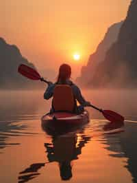 woman as explorer kayaking in a serene lake with a mesmerizing sunset backdrop