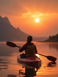 woman as explorer kayaking in a serene lake with a mesmerizing sunset backdrop