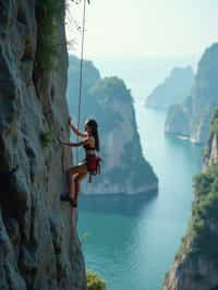 woman as adventurer rock climbing a daunting cliff with a breathtaking sea view