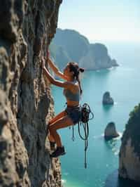 woman as adventurer rock climbing a daunting cliff with a breathtaking sea view