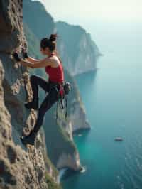 woman as adventurer rock climbing a daunting cliff with a breathtaking sea view