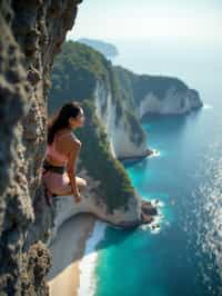 woman as adventurer rock climbing a daunting cliff with a breathtaking sea view