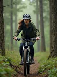 woman as individual mountain biking through a dense forest trail