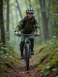 woman as individual mountain biking through a dense forest trail