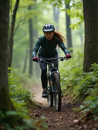 woman as individual mountain biking through a dense forest trail